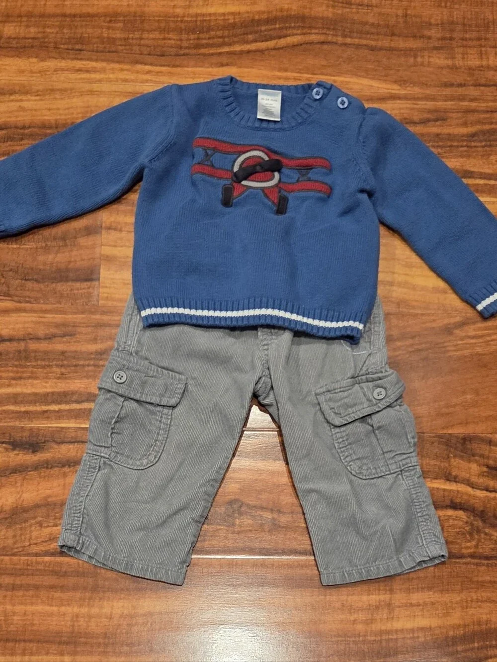 Gymboree EUC 18-24 Blue/Red Striped Bodysuit, Corduroy Pants & Airplane Sweater